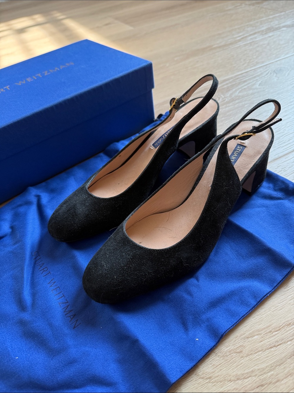 Stuart Weitzman Lorelei Black Suede Slingback Block Heels